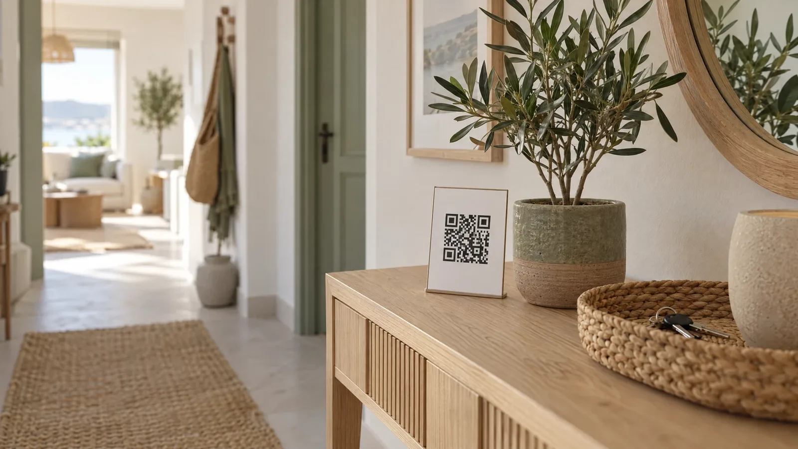 Прыхадная адпачынкавага кватэры: на камодзе стаіць картка з QR-кодам побач з кошыкам з ключамі.